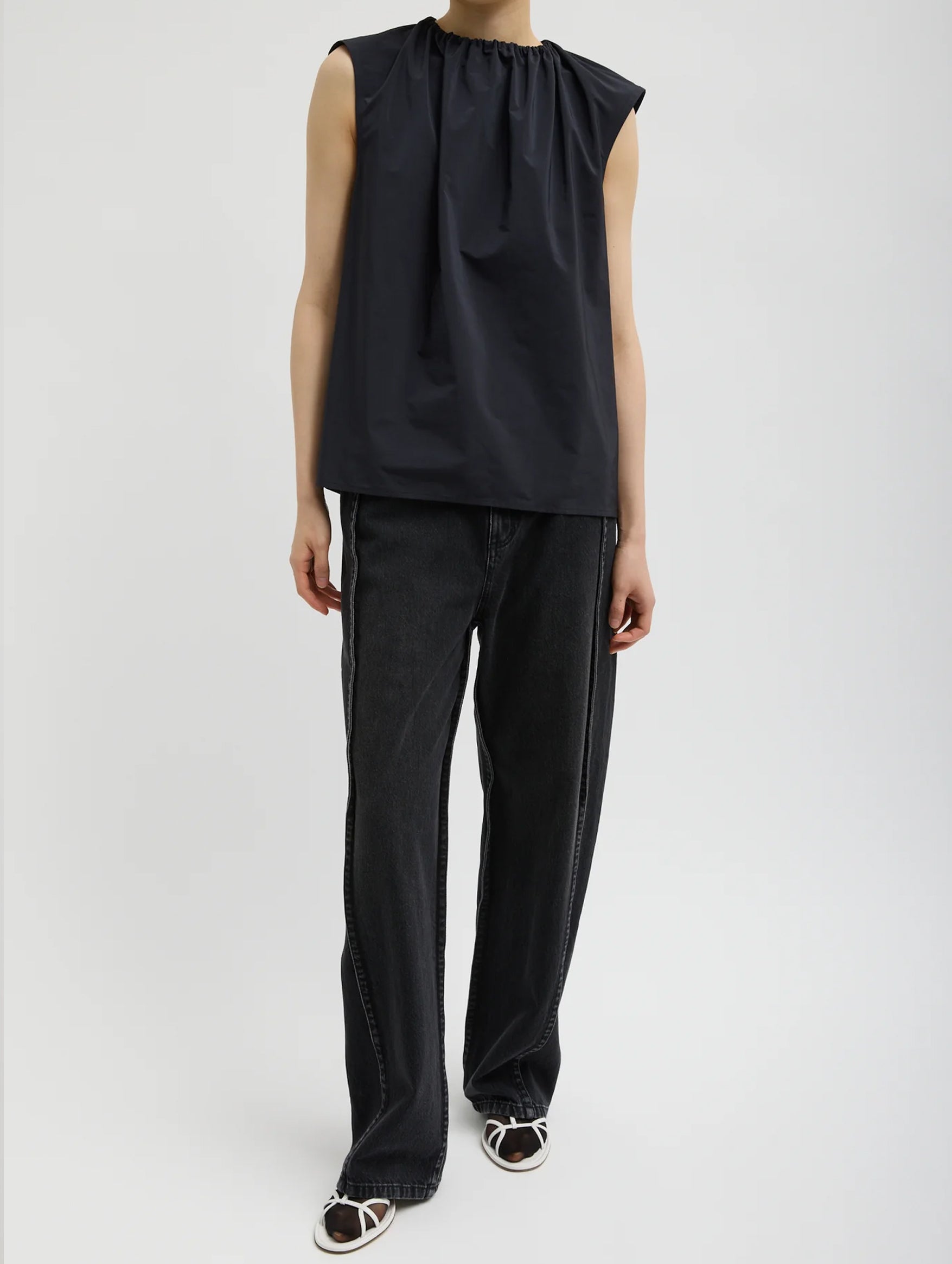 Nylon Shirred Neck Top in Navy