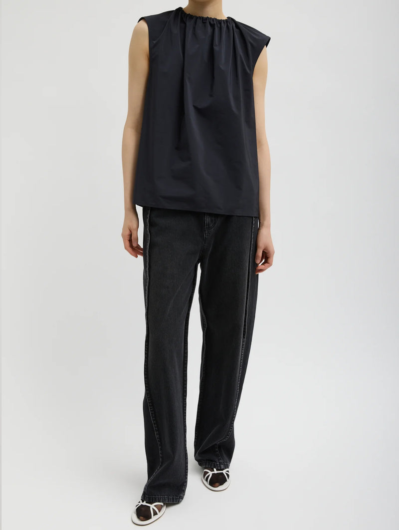 Nylon Shirred Neck Top in Navy