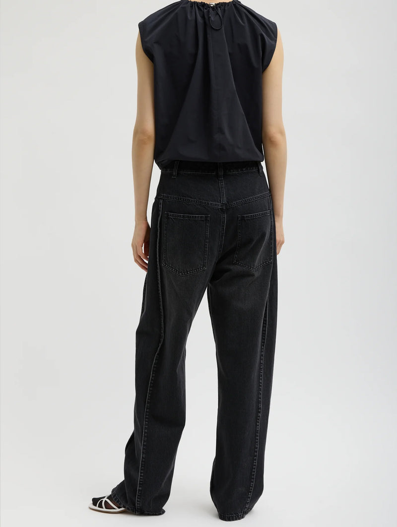 Nylon Shirred Neck Top in Navy