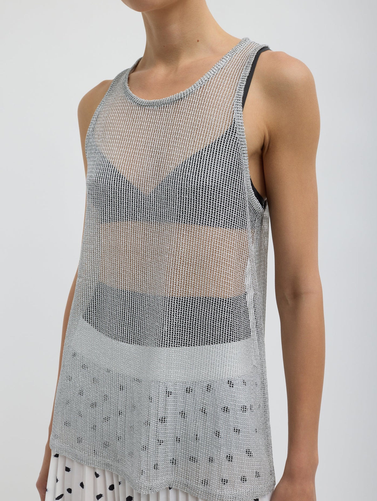Viscose Metallic Ribbed T Tank in Silver