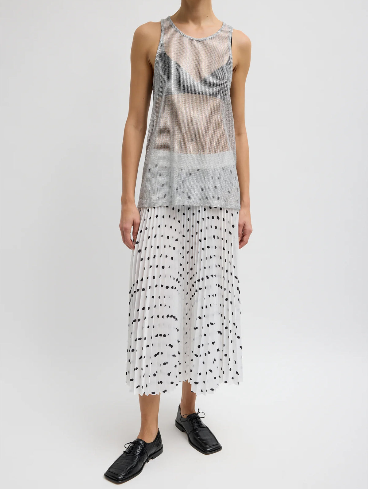 Viscose Metallic Ribbed T Tank in Silver