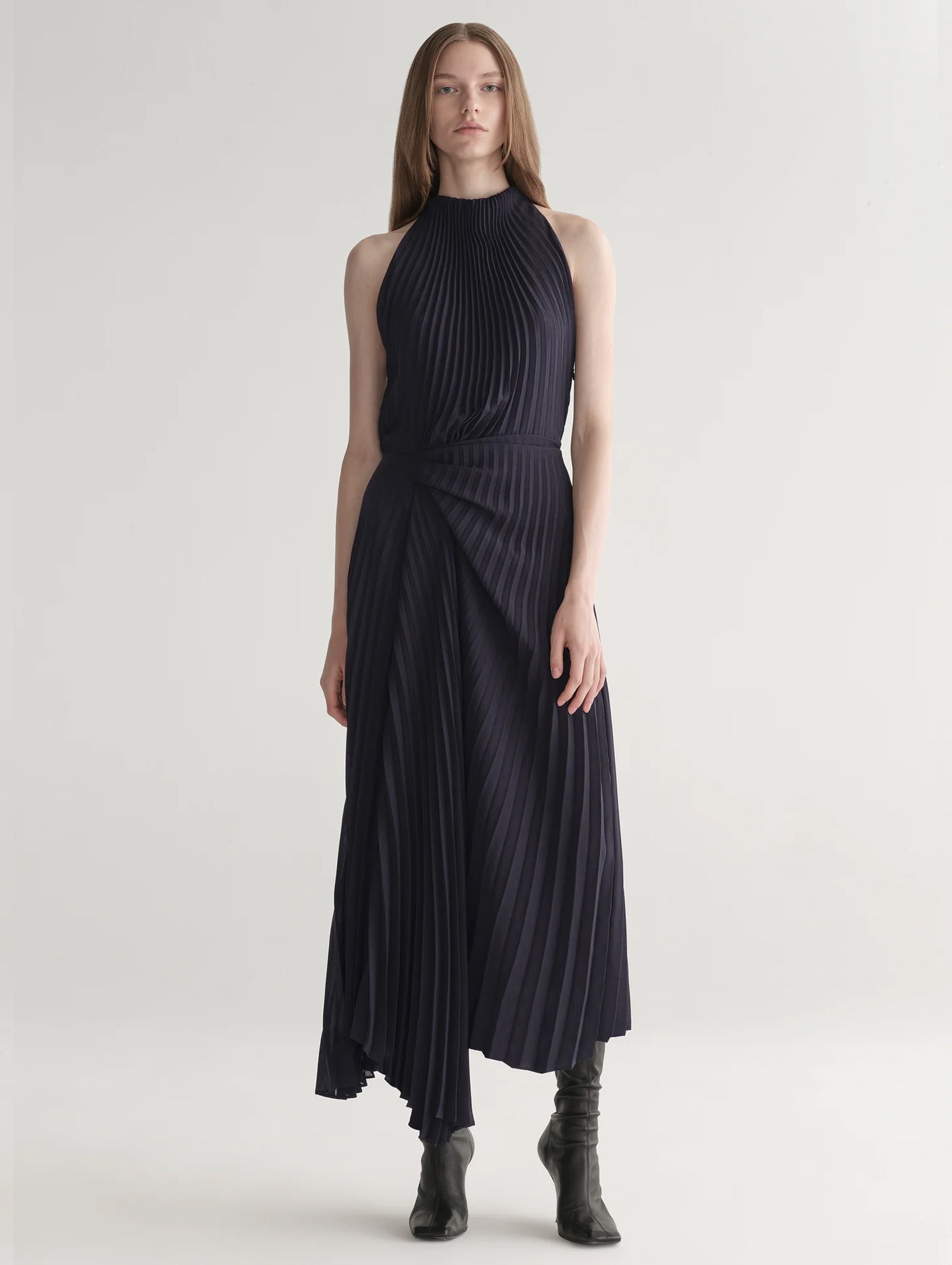 Simona Pleated Dress in Deep Navy