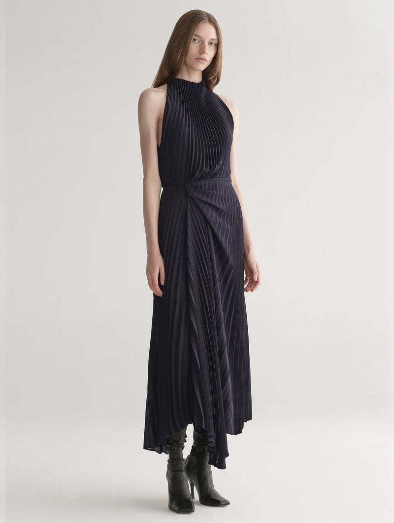 Simona Pleated Dress in Deep Navy