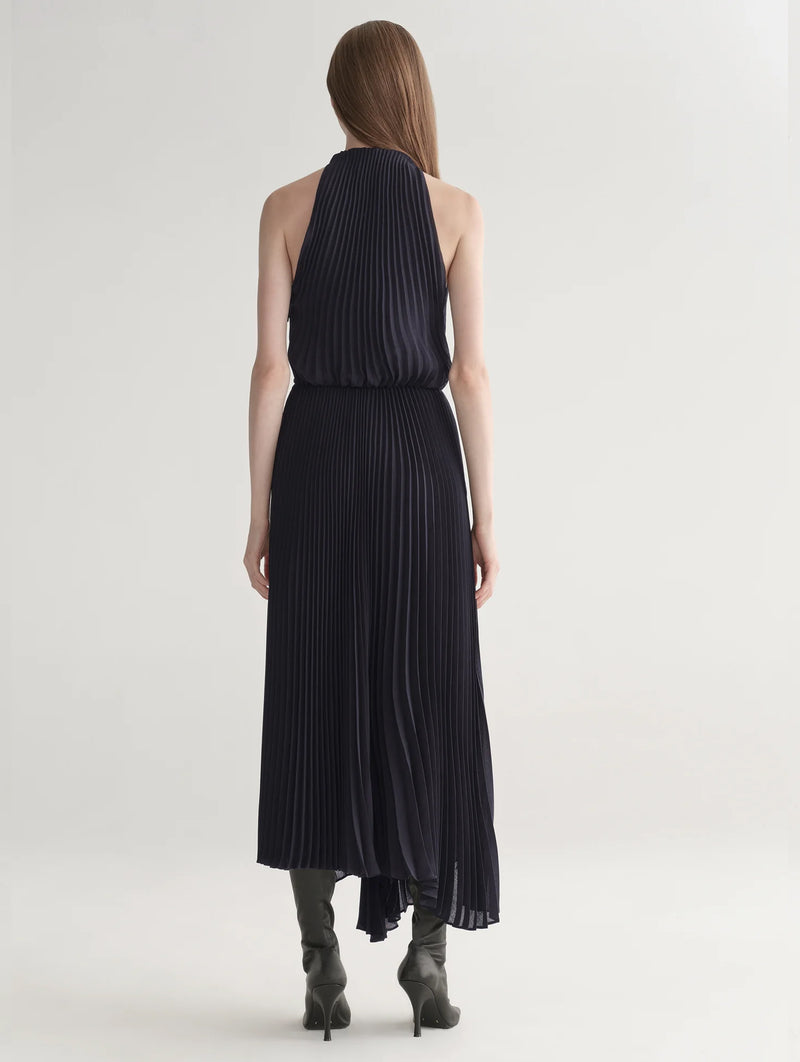 Simona Pleated Dress in Deep Navy
