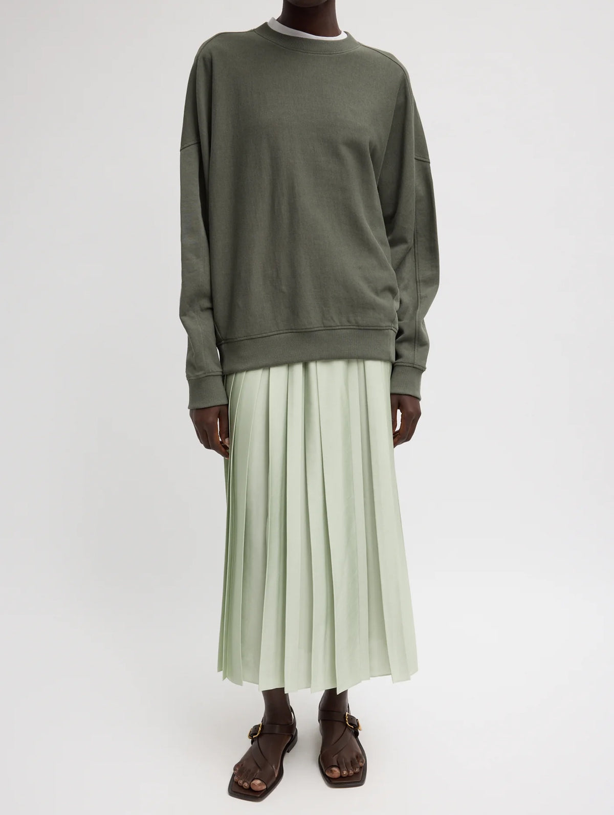 Feather Weight Pleated Pull On Skirt in Sage