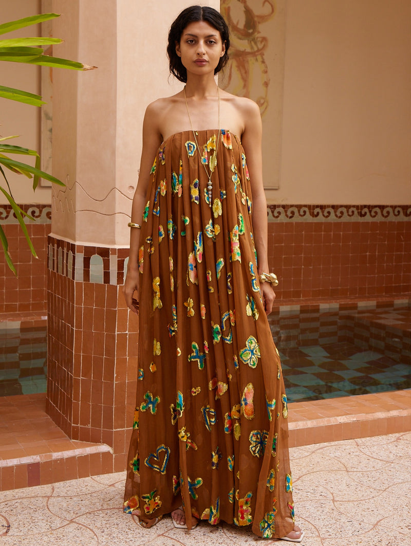 Golden Metallic Strapless Gown in Bronze