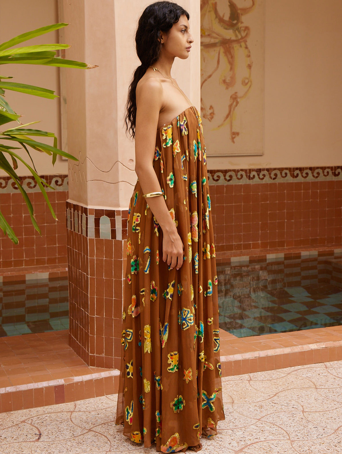 Golden Metallic Strapless Gown in Bronze