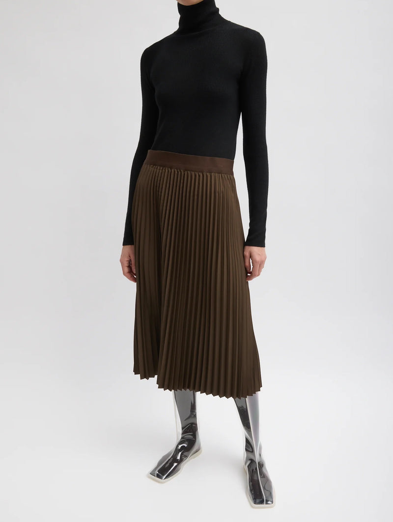 Nylon Pleating Sunray Pullon Skirt in Brown