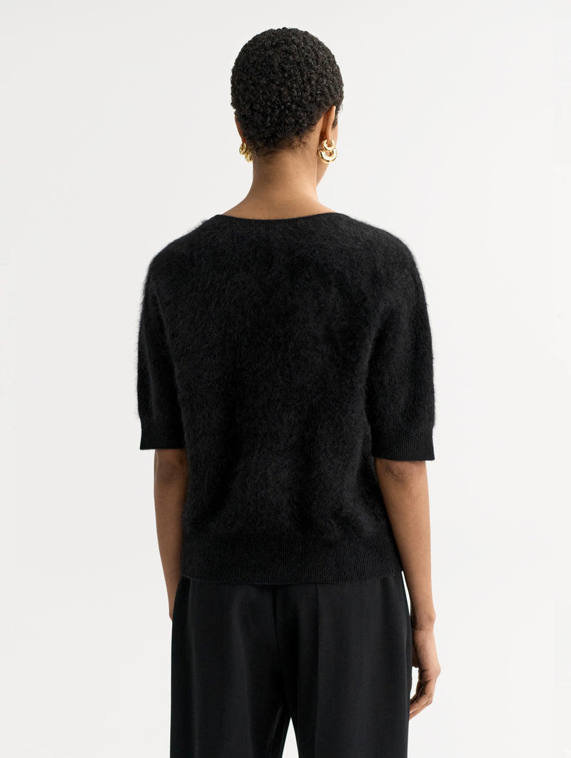 Brushed Cashmere V Neck T-shirt in Black