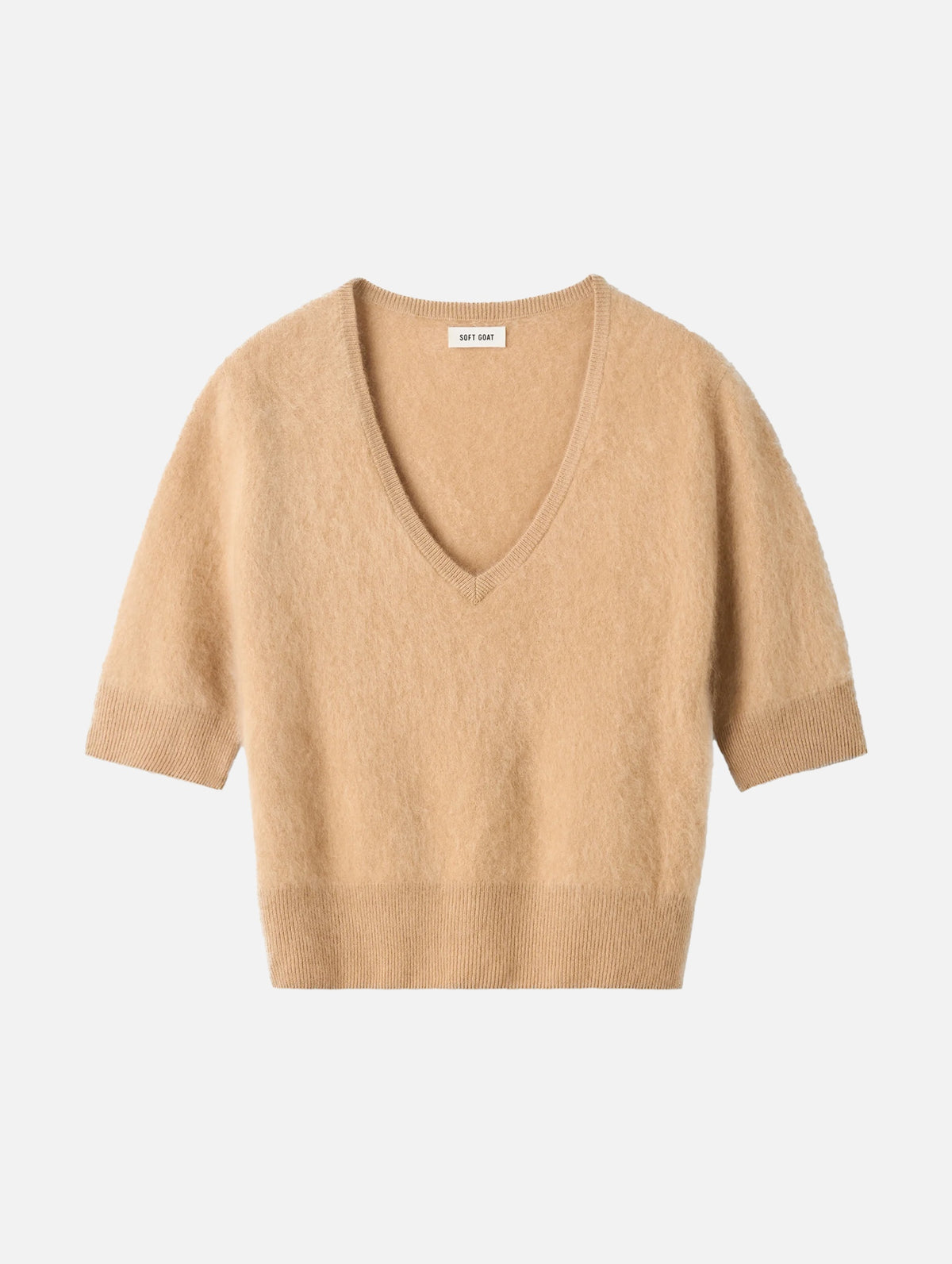 Brushed Cashmere V-neck T-shirt in Camel