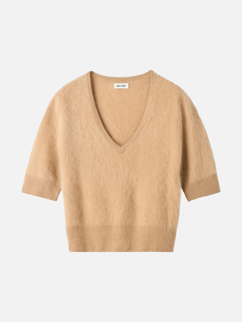 Brushed Cashmere V-neck T-shirt in Camel