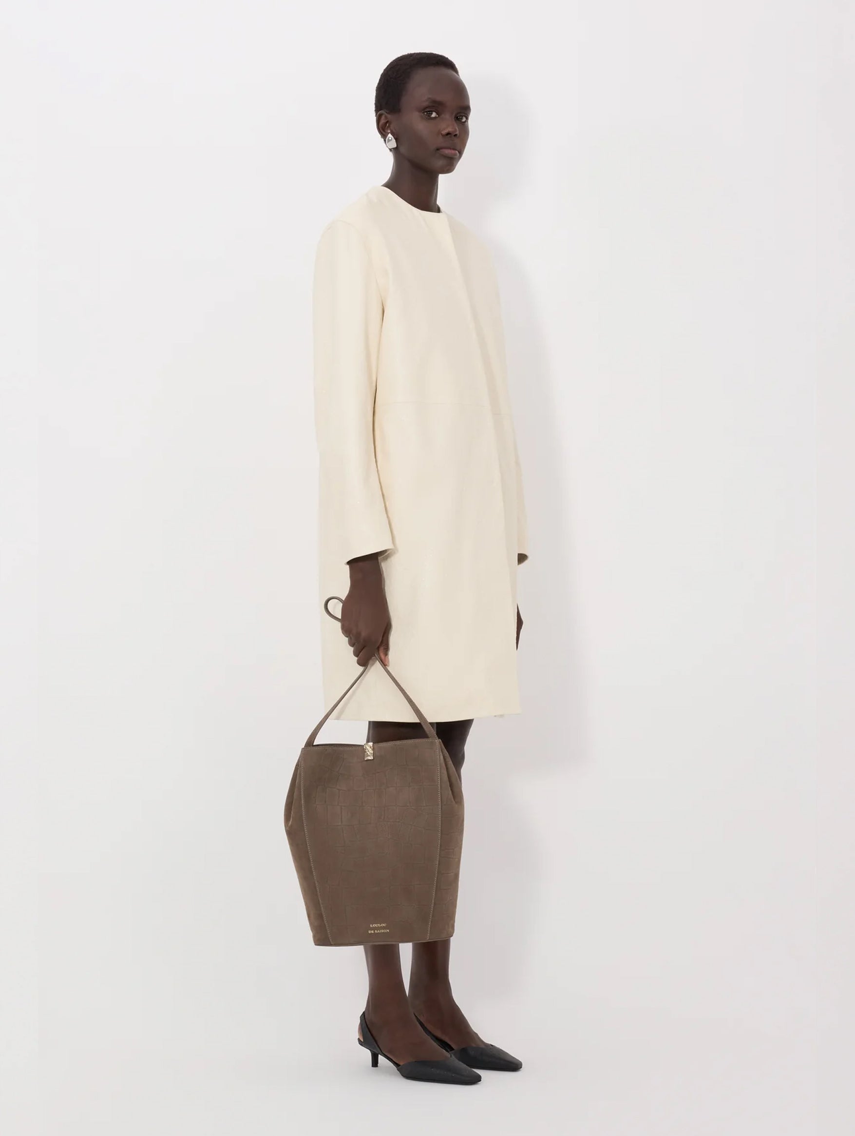 Yari Ostrich-effect Leather Coat in Ivory