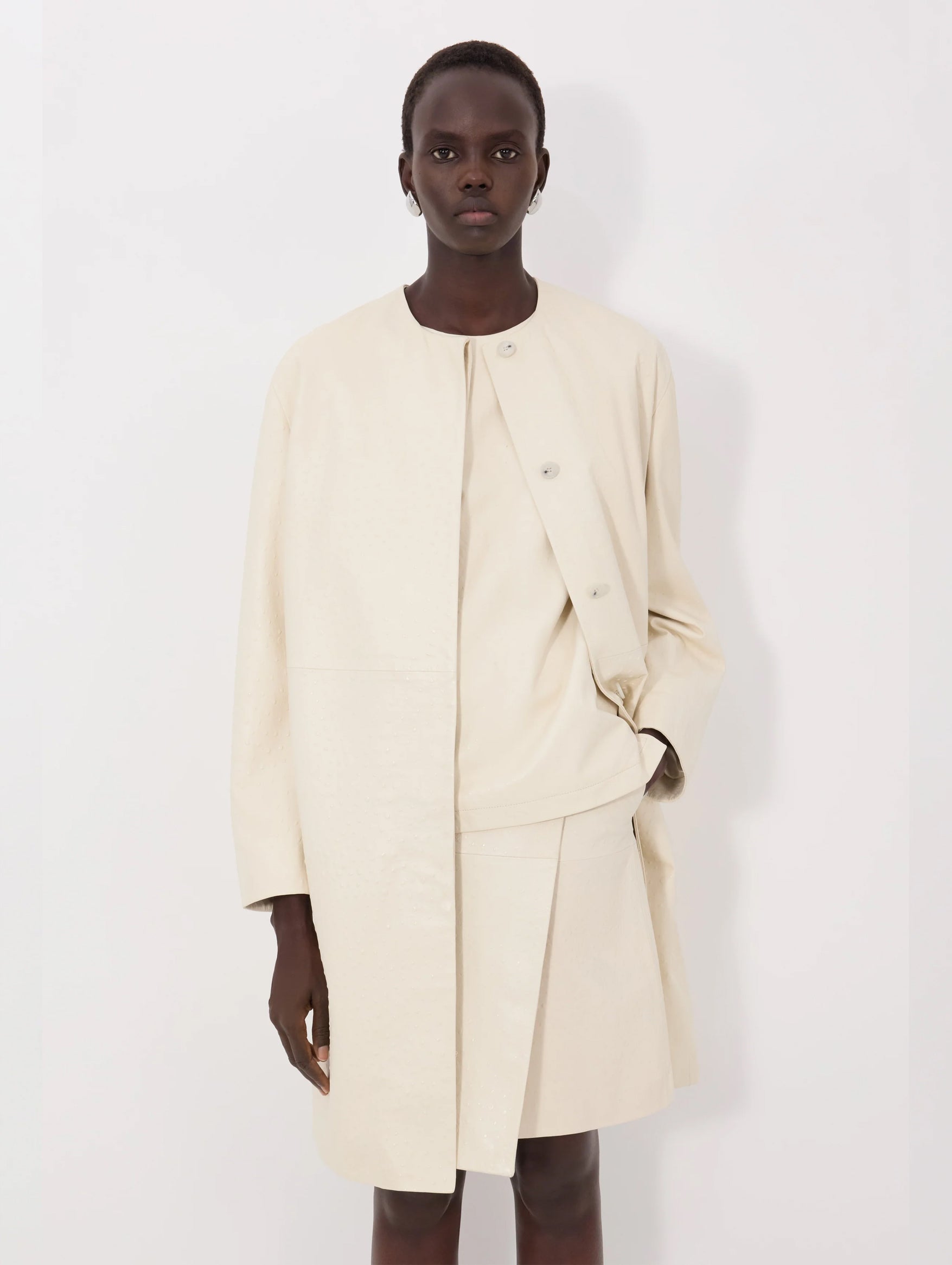 Yari Ostrich-effect Leather Coat in Ivory